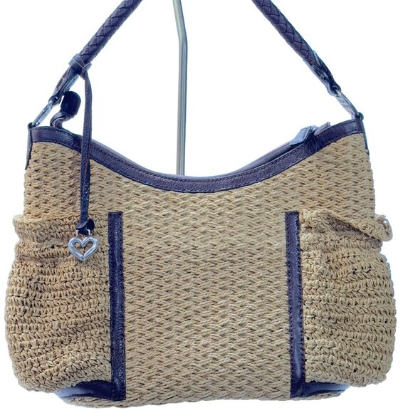 BRIGHTON Women's Woven Jute/Leather Hobo Bag Braided Leather Handle Zip Closure - Picture 10 of 11